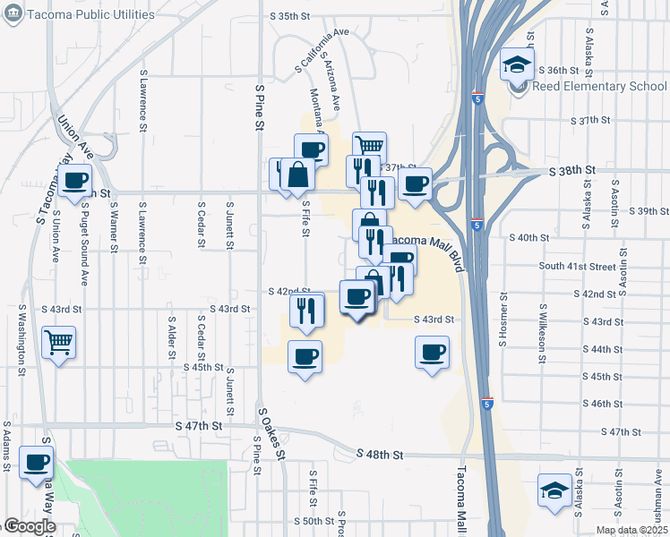 map of restaurants, bars, coffee shops, grocery stores, and more near in Tacoma