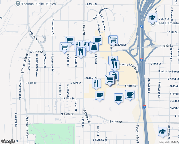map of restaurants, bars, coffee shops, grocery stores, and more near in Tacoma