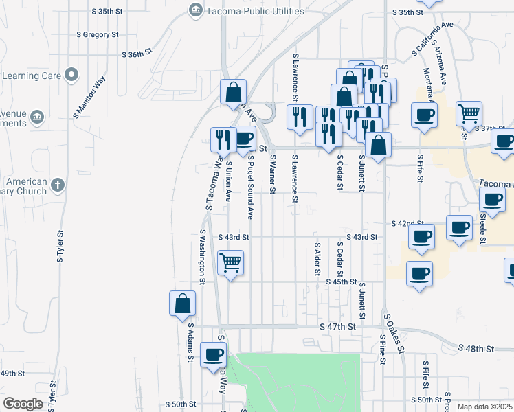 map of restaurants, bars, coffee shops, grocery stores, and more near 4014 South Warner Street in Tacoma