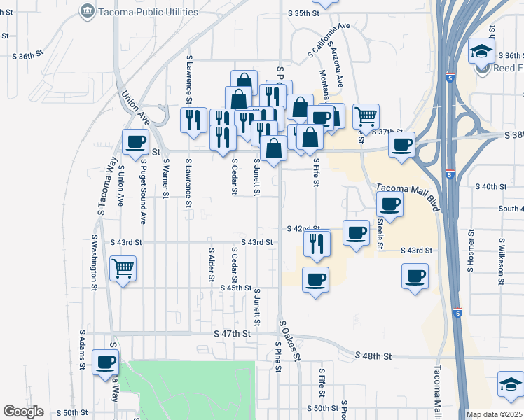 map of restaurants, bars, coffee shops, grocery stores, and more near 4011 South Junett Street in Tacoma
