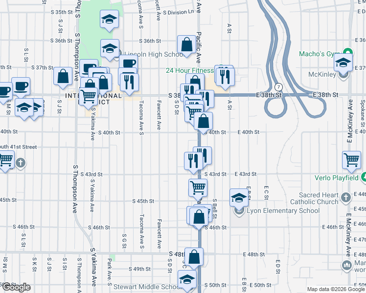 map of restaurants, bars, coffee shops, grocery stores, and more near 4019 South D Street in Tacoma