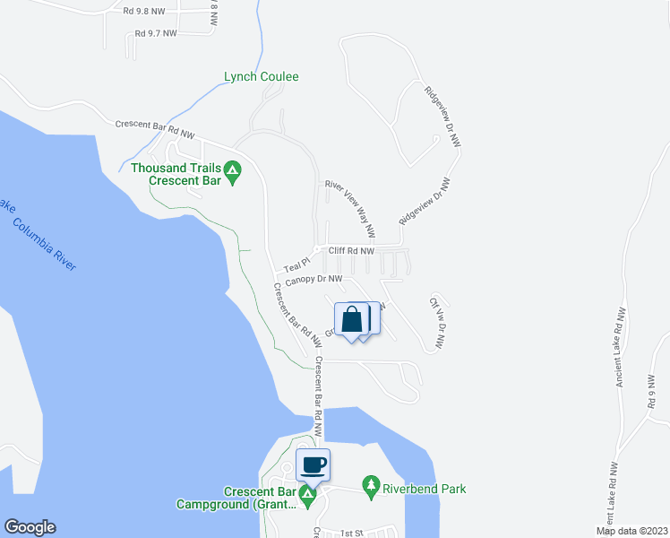 map of restaurants, bars, coffee shops, grocery stores, and more near 9108 Blue Heron Lane Northwest in Quincy