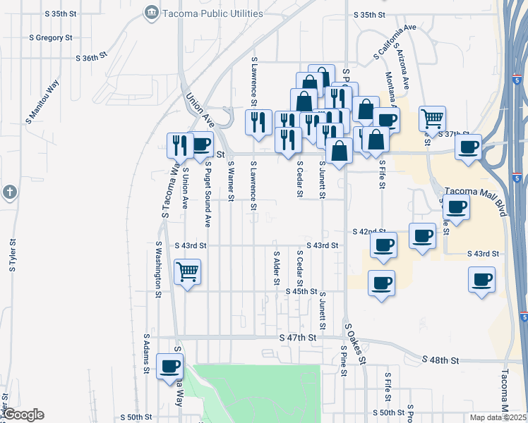 map of restaurants, bars, coffee shops, grocery stores, and more near 3202 South 40th Street in Tacoma