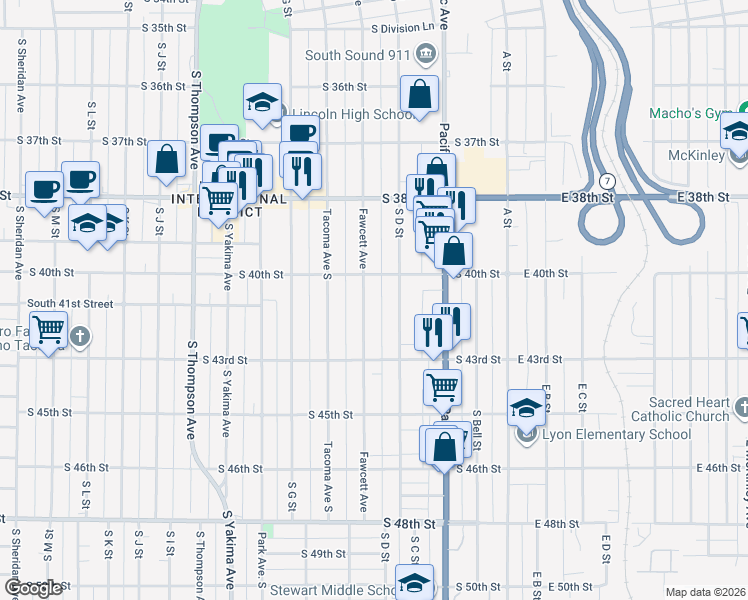 map of restaurants, bars, coffee shops, grocery stores, and more near 4023 Fawcett Avenue in Tacoma