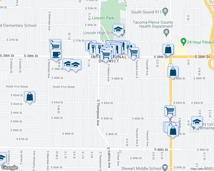 map of restaurants, bars, coffee shops, grocery stores, and more near 4022 South Yakima Avenue in Tacoma