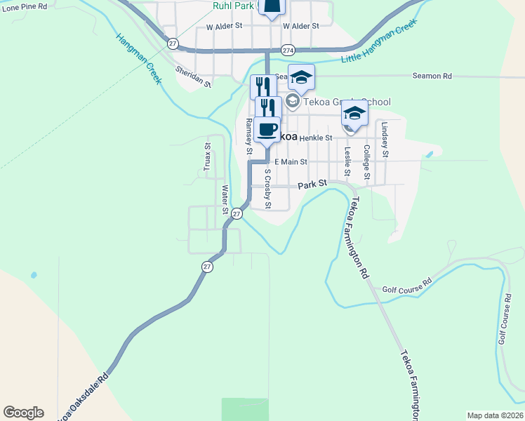 map of restaurants, bars, coffee shops, grocery stores, and more near Huffman Street in Tekoa