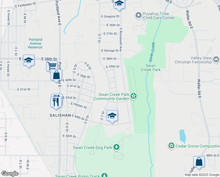 map of restaurants, bars, coffee shops, grocery stores, and more near 4099 East T Street in Tacoma