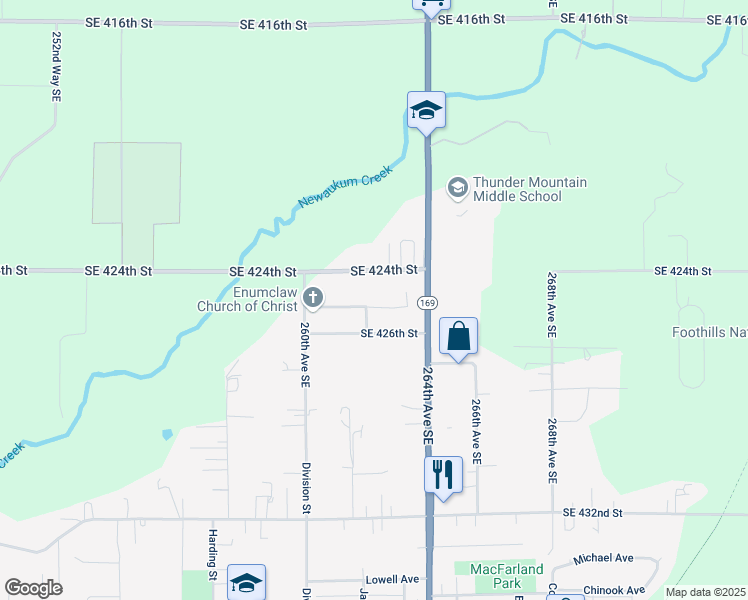 map of restaurants, bars, coffee shops, grocery stores, and more near 26204 Southeast 425th Street in Enumclaw