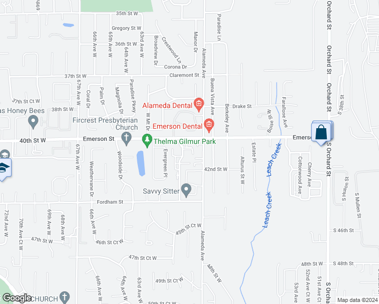 map of restaurants, bars, coffee shops, grocery stores, and more near 1443 Rainier Court in Fircrest