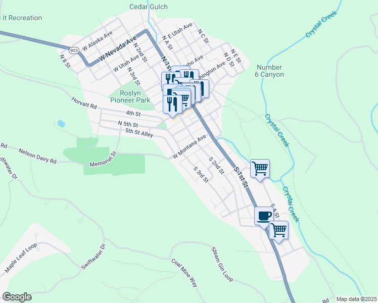 map of restaurants, bars, coffee shops, grocery stores, and more near 206 West Montana Avenue in Roslyn
