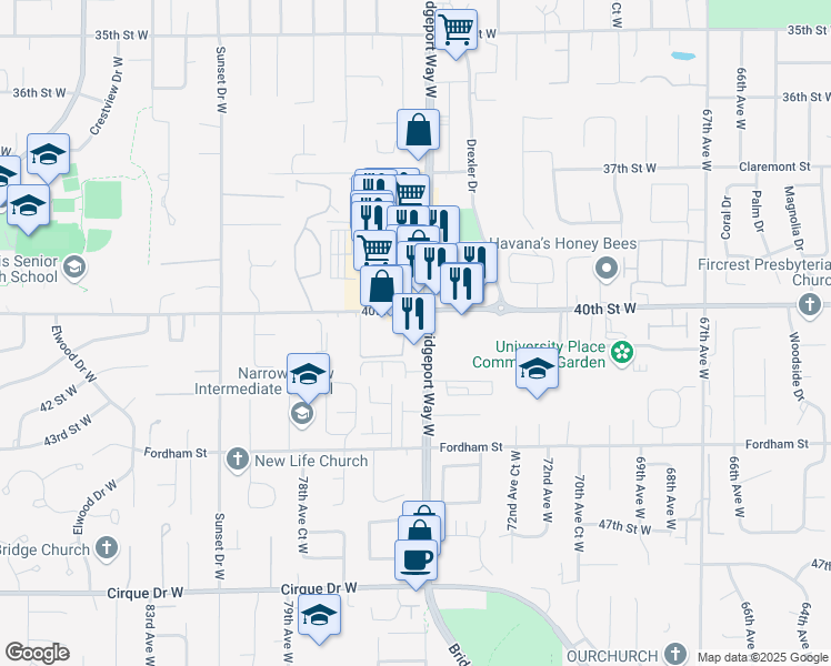 map of restaurants, bars, coffee shops, grocery stores, and more near 4020 Bridgeport Way West in University Place