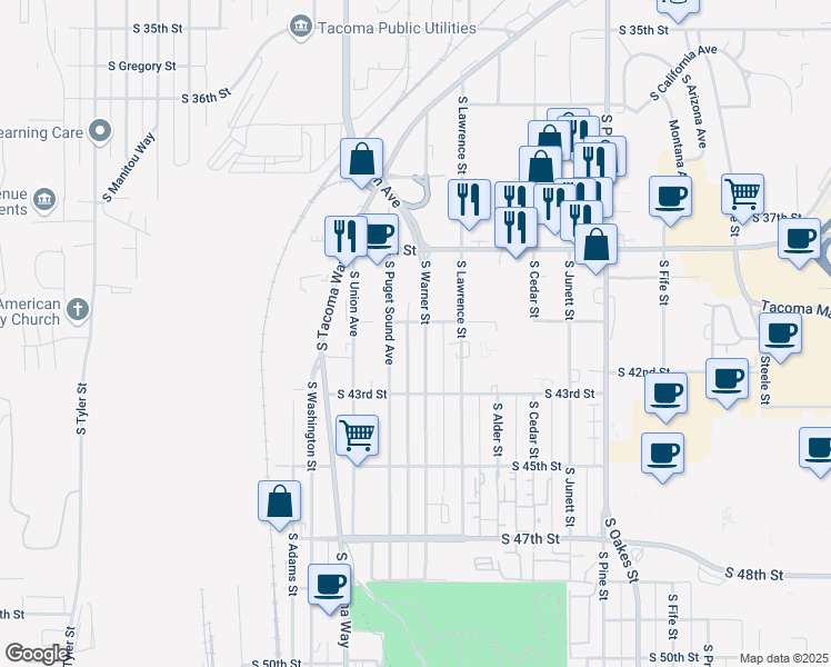 map of restaurants, bars, coffee shops, grocery stores, and more near 4014 South Warner Street in Tacoma