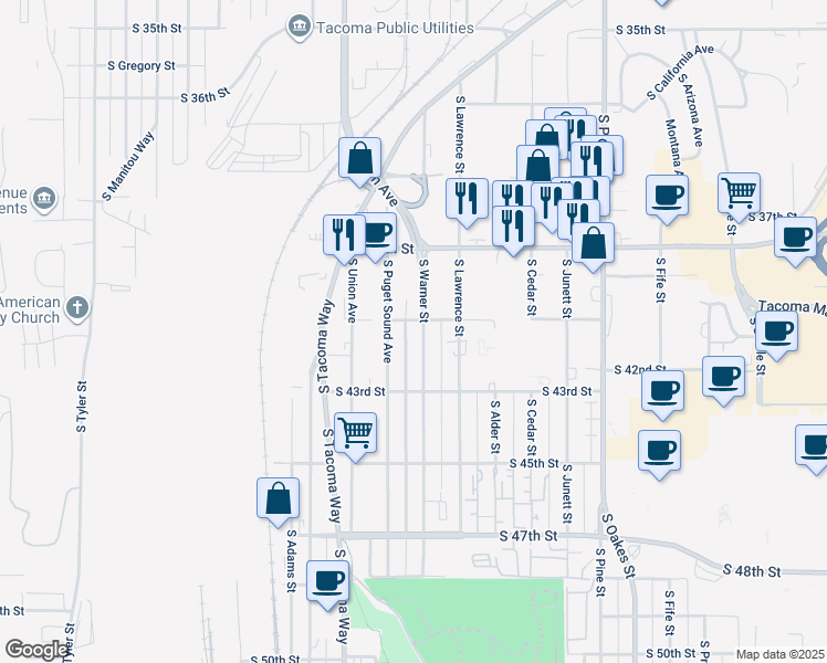 map of restaurants, bars, coffee shops, grocery stores, and more near 4014 South Warner Street in Tacoma