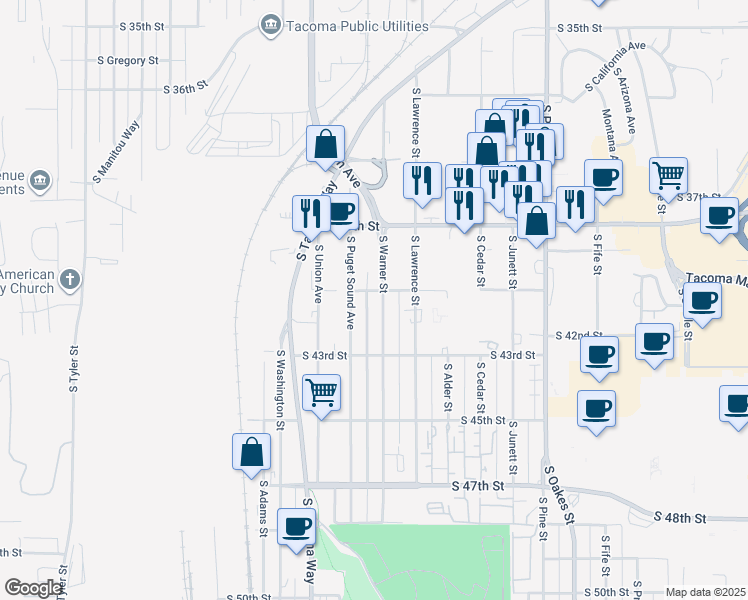 map of restaurants, bars, coffee shops, grocery stores, and more near 4014 South Warner Street in Tacoma
