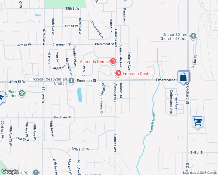 map of restaurants, bars, coffee shops, grocery stores, and more near 1443 Rainier Court in Fircrest