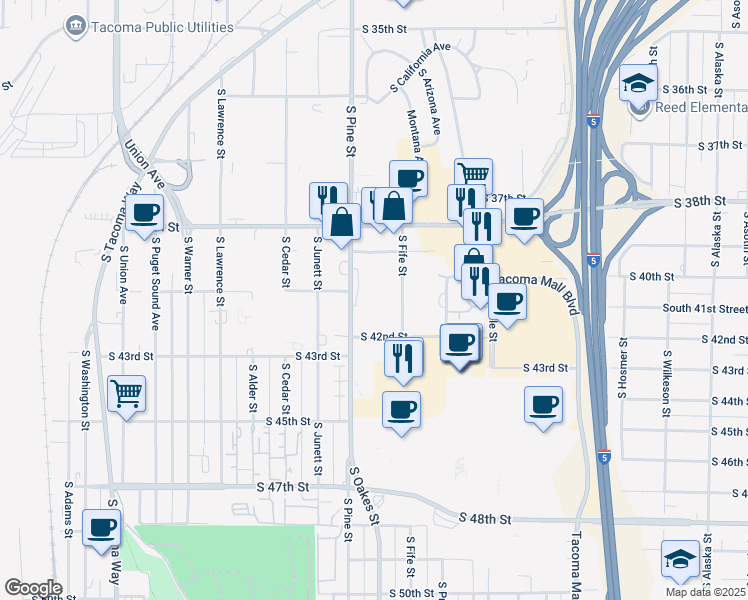 map of restaurants, bars, coffee shops, grocery stores, and more near in Tacoma