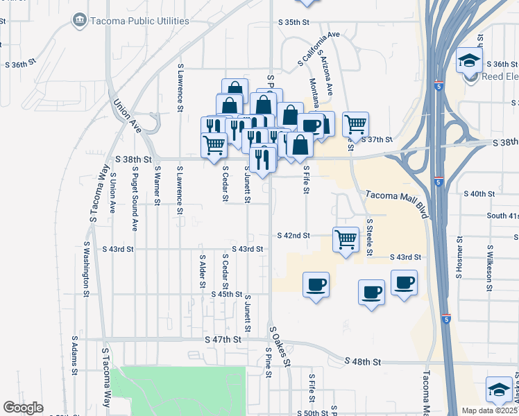 map of restaurants, bars, coffee shops, grocery stores, and more near 4011 South Junett Street in Tacoma