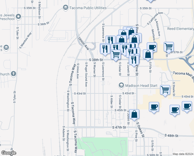 map of restaurants, bars, coffee shops, grocery stores, and more near 4018 South Lawrence Street in Tacoma