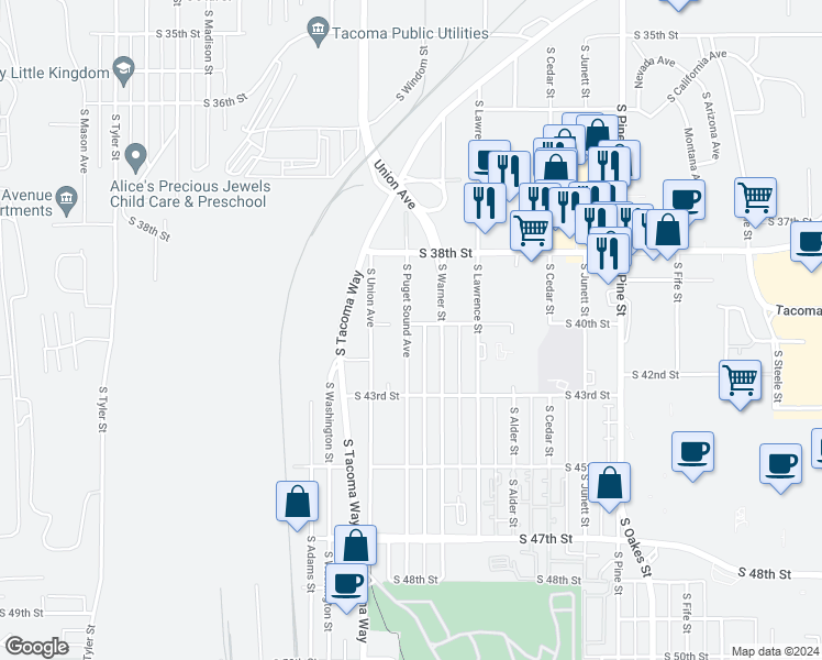 map of restaurants, bars, coffee shops, grocery stores, and more near 4016 South Puget Sound Avenue in Tacoma