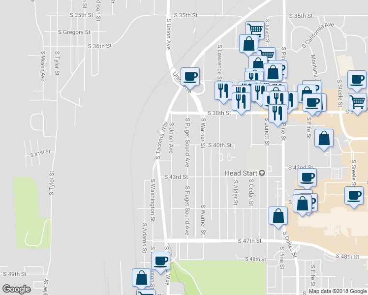 map of restaurants, bars, coffee shops, grocery stores, and more near 4016 South Puget Sound Avenue in Tacoma