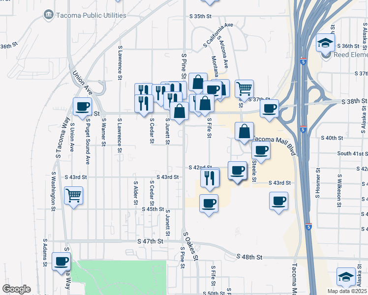 map of restaurants, bars, coffee shops, grocery stores, and more near 4026 South Pine Street in Tacoma