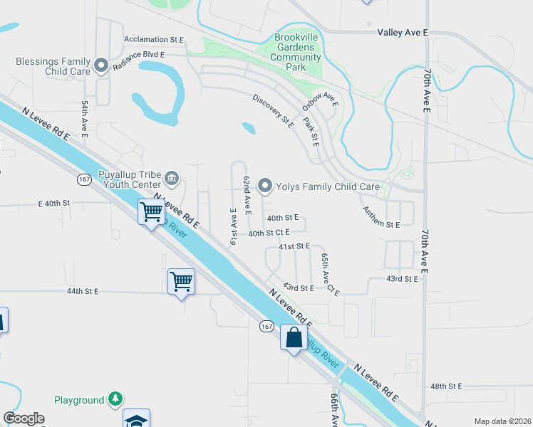 map of restaurants, bars, coffee shops, grocery stores, and more near 6258 40th Street East in Fife
