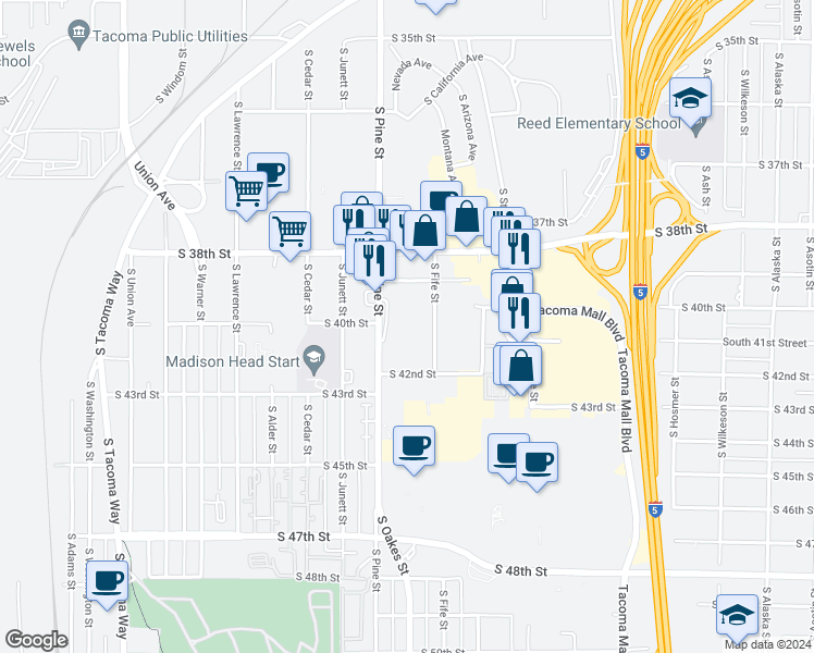 map of restaurants, bars, coffee shops, grocery stores, and more near in Tacoma