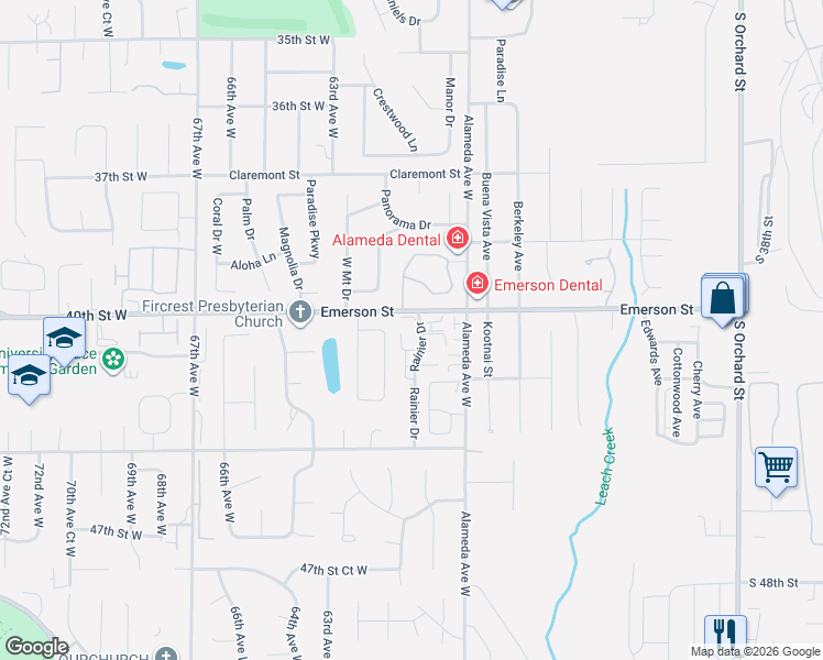 map of restaurants, bars, coffee shops, grocery stores, and more near 1446 Rainier Drive in Fircrest