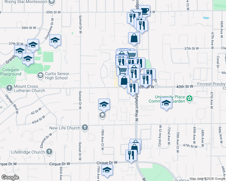 map of restaurants, bars, coffee shops, grocery stores, and more near 7714 40th Street West in University Place