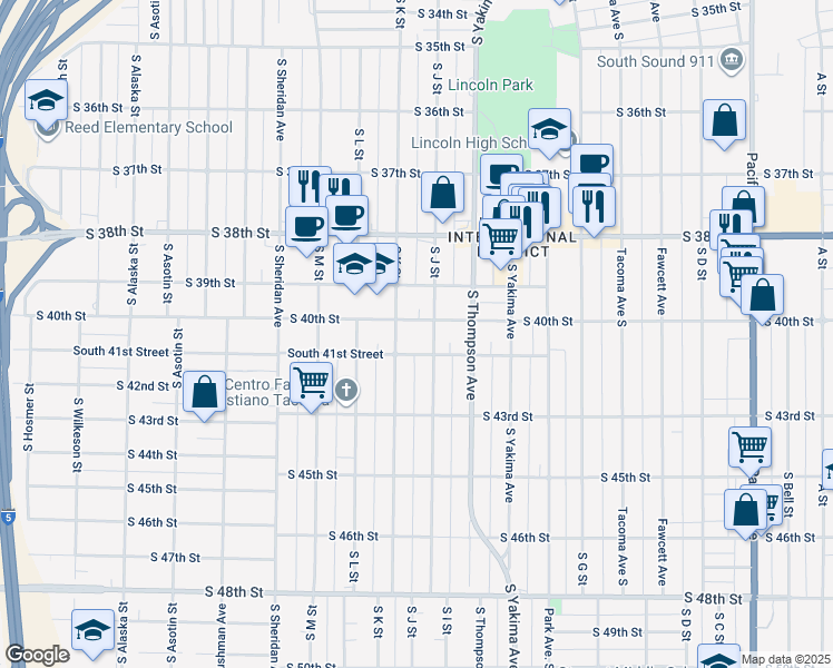 map of restaurants, bars, coffee shops, grocery stores, and more near 1012 South 40th Street in Tacoma