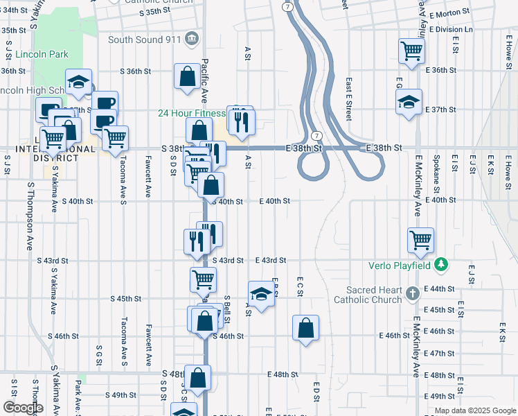 map of restaurants, bars, coffee shops, grocery stores, and more near 4022 East B Street in Tacoma