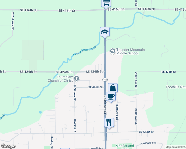 map of restaurants, bars, coffee shops, grocery stores, and more near 26204 Southeast 425th Street in Enumclaw