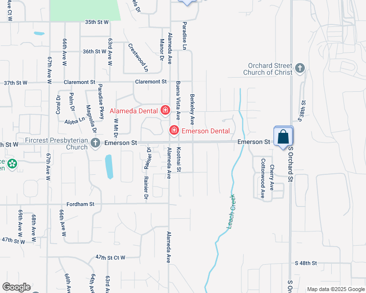 map of restaurants, bars, coffee shops, grocery stores, and more near 1332 Berkeley Avenue in Fircrest