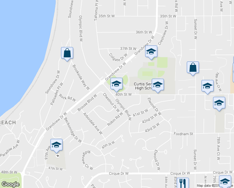 map of restaurants, bars, coffee shops, grocery stores, and more near 8901 40th Street West in University Place