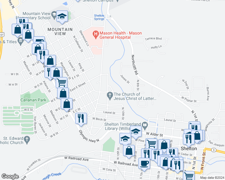 map of restaurants, bars, coffee shops, grocery stores, and more near 1255 Jones Street in Shelton