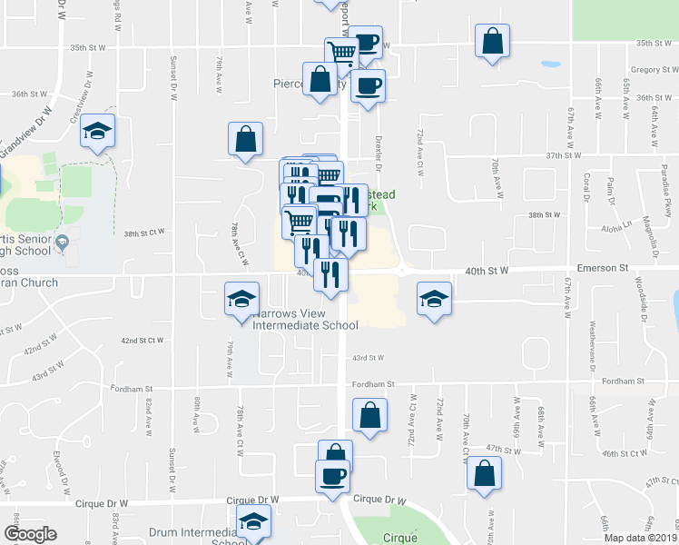 map of restaurants, bars, coffee shops, grocery stores, and more near 7508 40th St W in Tacoma