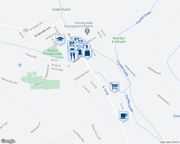 map of restaurants, bars, coffee shops, grocery stores, and more near 300 South 1st Street in Roslyn