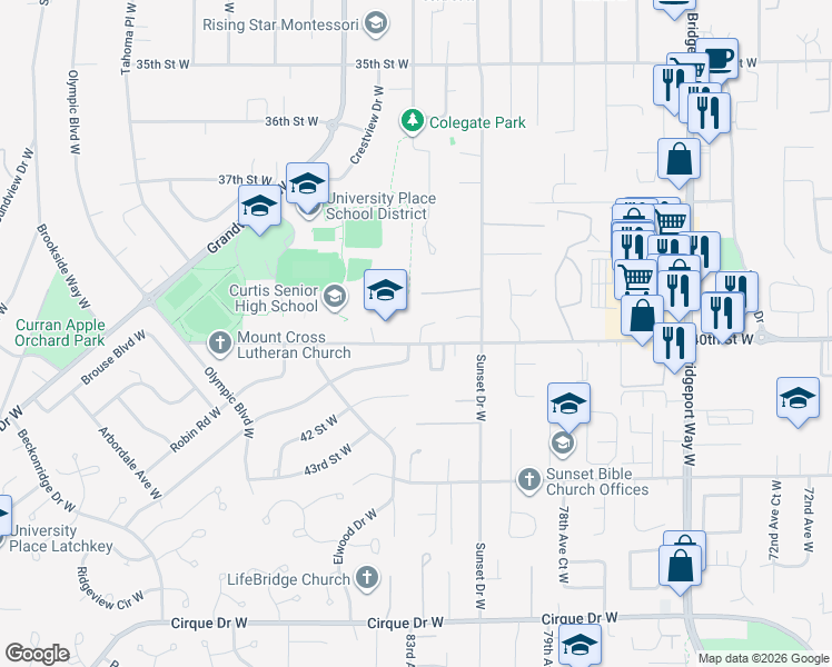 map of restaurants, bars, coffee shops, grocery stores, and more near 3910 82nd Avenue West in University Place