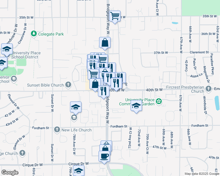 map of restaurants, bars, coffee shops, grocery stores, and more near in University Place