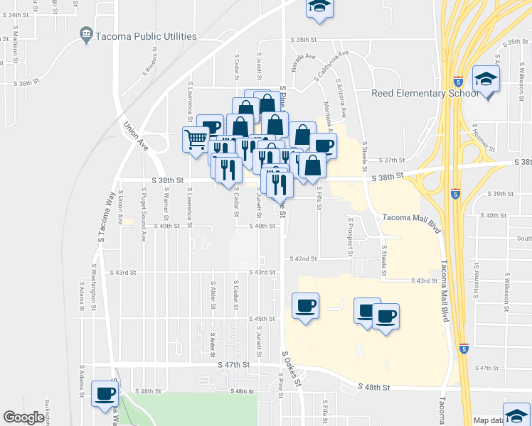 map of restaurants, bars, coffee shops, grocery stores, and more near 3825 South Junett Street in Tacoma