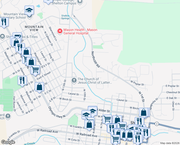 map of restaurants, bars, coffee shops, grocery stores, and more near 1189 Jones Street in Shelton