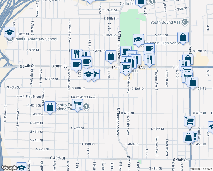 map of restaurants, bars, coffee shops, grocery stores, and more near 3908 South J Street in Tacoma