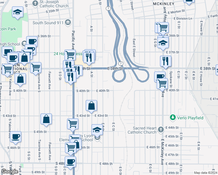 map of restaurants, bars, coffee shops, grocery stores, and more near 3844 East C Street in Tacoma