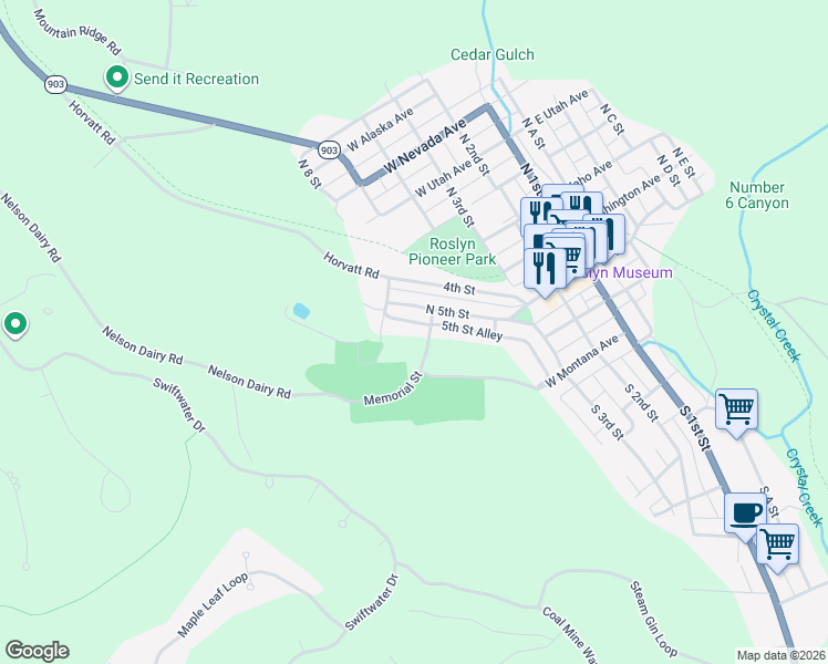 map of restaurants, bars, coffee shops, grocery stores, and more near 139 5th Street Alley in Roslyn