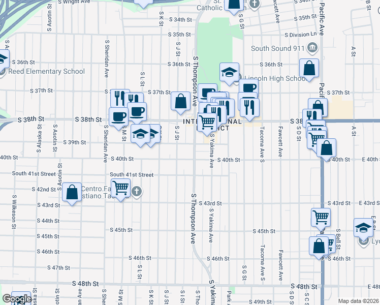 map of restaurants, bars, coffee shops, grocery stores, and more near 3906 South Thompson Avenue in Tacoma