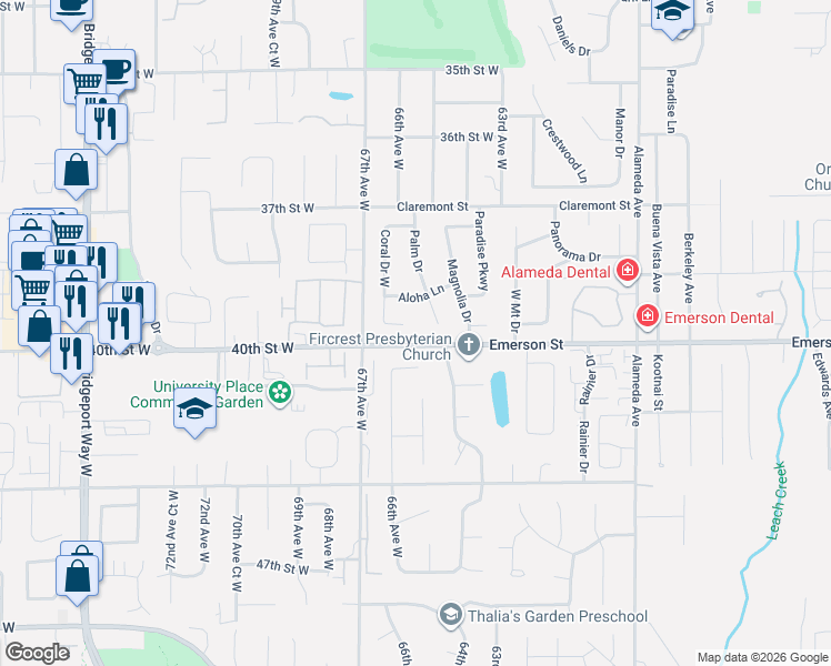map of restaurants, bars, coffee shops, grocery stores, and more near 1339 Coral Drive in Fircrest