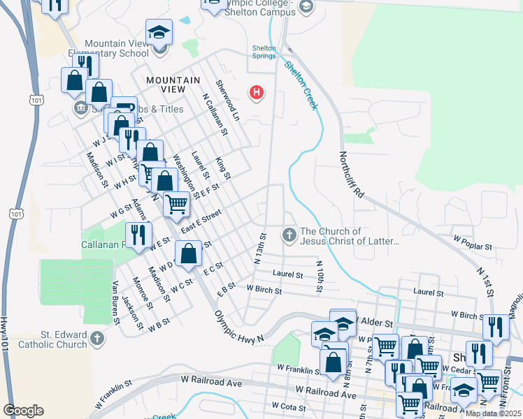 map of restaurants, bars, coffee shops, grocery stores, and more near 1125 North 13th Street in Shelton
