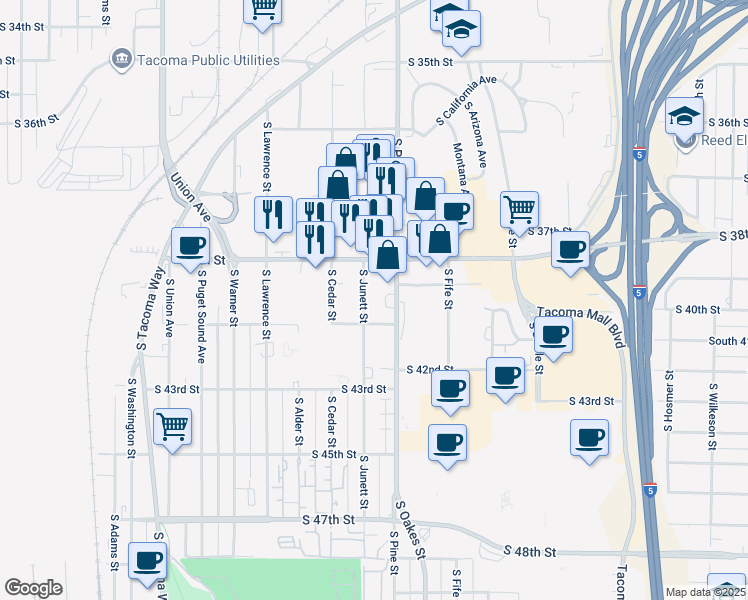 map of restaurants, bars, coffee shops, grocery stores, and more near 3825 South Junett Street in Tacoma
