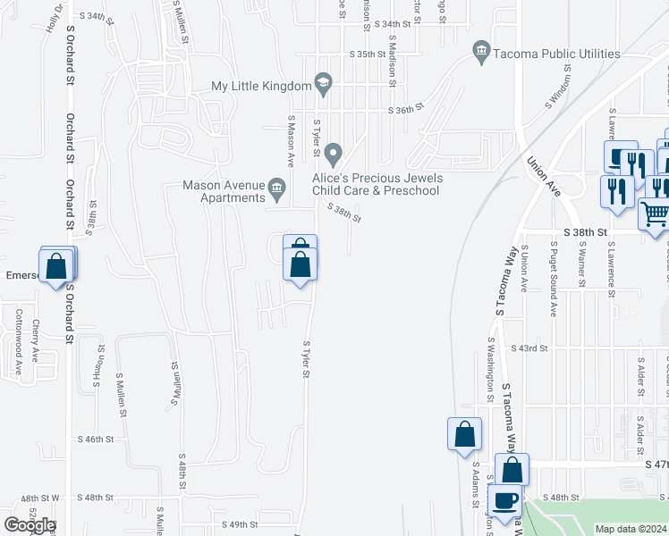 map of restaurants, bars, coffee shops, grocery stores, and more near 3917 South Tyler Street in Tacoma