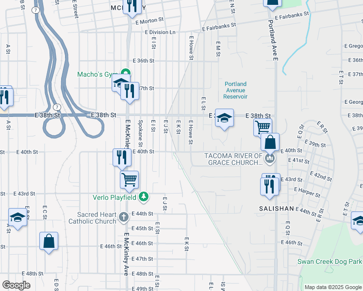 map of restaurants, bars, coffee shops, grocery stores, and more near 3842 East K Street in Tacoma